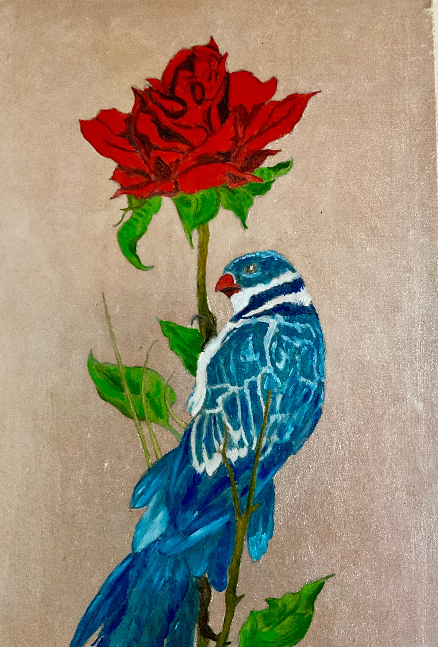 This original oil painting features a stunning blue bird of paradise gracefully perched on a vibrant red rose stem. The painting's dimensions, at 8" x 19", make it the perfect size for adding a touch of beauty to any room.
