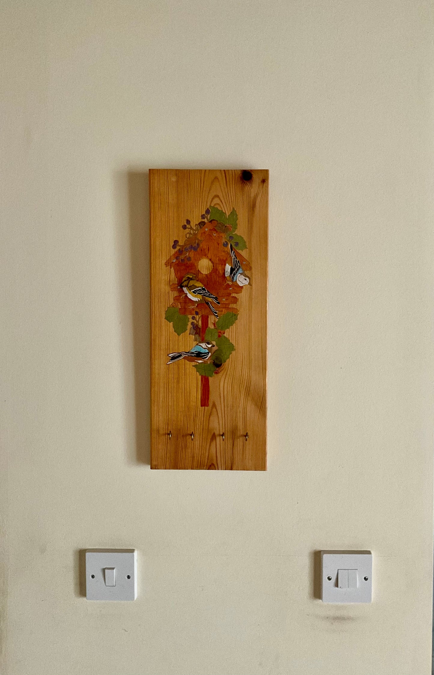 Organize your home and add a touch of nature with Home to Roost, a wall-mounted wooden key holder featuring a hand-painted design of colourful song birds perched outside a bird box. Keep your keys in one place and bring a charming, original artwork into your space. 8” x 19”