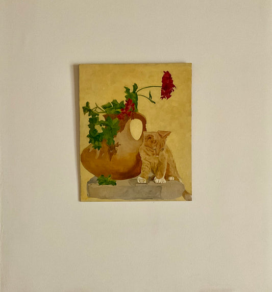 This 12” x 14” board features an original oil painting depicting a playful ginger kitten sitting next to a charming old pot filled with vibrant red flowers. This unique and charming piece will add a touch of whimsy and beauty to any space.