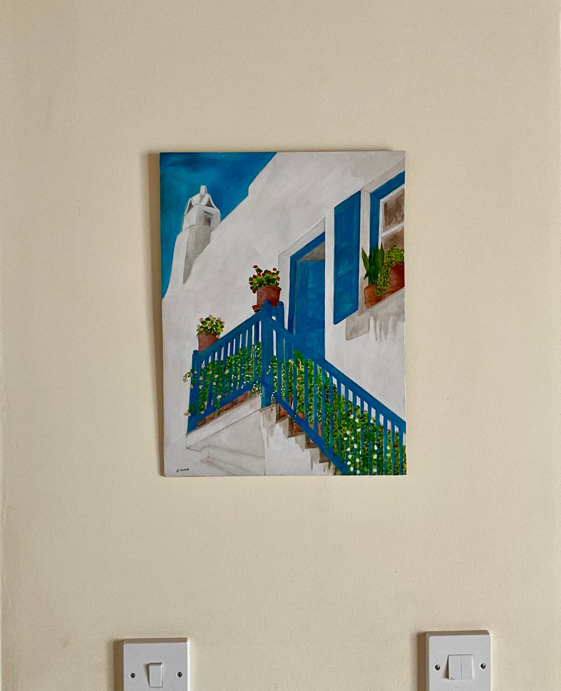 Experience the serene and charming scenery captured in this original oil painting of a staircase leading to a White House with blue-painted woodwork. Adorned with flowerpots lining the steps and window sill, this piece measures 12" x 17" on board. Add a touch of rustic beauty to your home.
