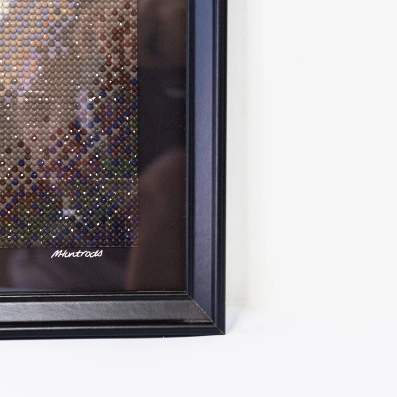 Adorable black cat sitting on a crescent moon, I Love You to the Moon & Back - Diamond Painting.  Individual faceted acrylic “diamonds” with black mount (mat) and signed by the creator, Marie Huntrods.,