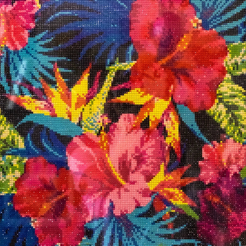 'Framed, diamond painted hibiscus flowers in white frame.  Faceted acrylic “diamonds”.  Size 23”x23” (frame size)