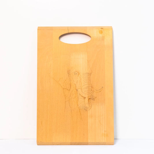 Beachwood chopping board woodburnt with Bull Elephant picture.  14” x 9”. 36cm x 23cm