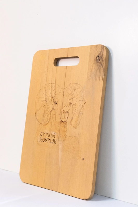 -Beachwood -chopping board woodburnt with a picture of a Cypriot Mouflon.  14” x 9”. 36cm x 23cm