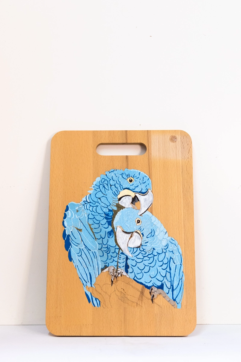 Beach wood Chopping board decorated with picture of two embracing Blue Macaw parrots in acrylic.﻿﻿