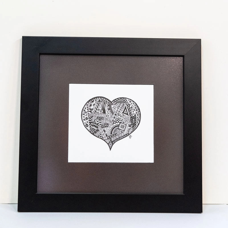 Hand-drawn using pigment ink, unique Zentangle pattern heart on archival paper,in custom frame with black mount (matt).