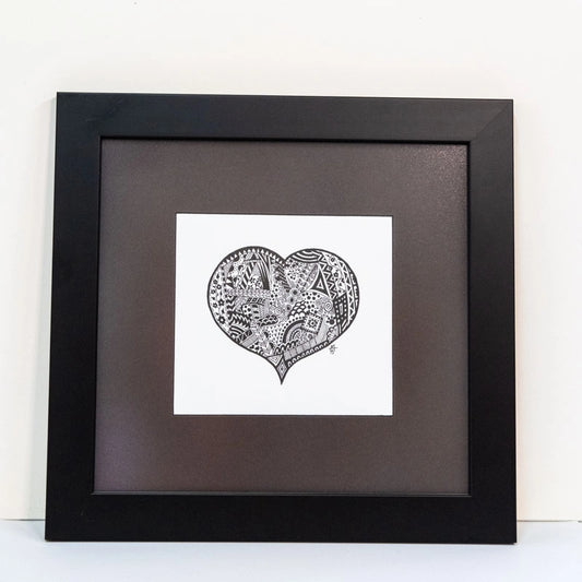 Hand-drawn using pigment ink, unique Zentangle pattern heart on archival paper,in custom frame with black mount (matt).