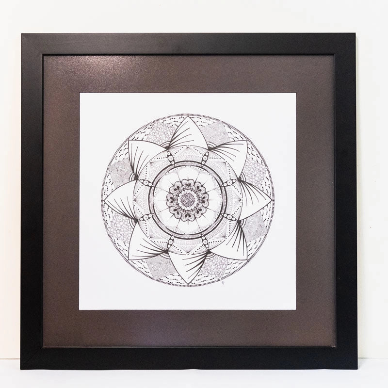 Intricate and detailed, hand-drawn mandala using pigment inks on archival paper.  In custom-made frame with black mount (mat).  Size 19”x17”