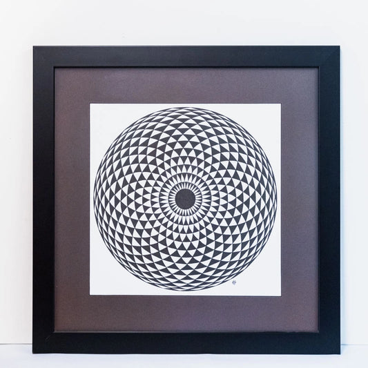 Hand-drawn, original, using pigment ink pens on archival paper.  Eye catching design with custom-made frame and black mount (mat).