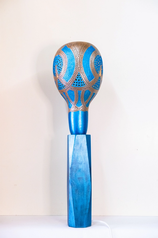 Tall blue Gourd lamp, mains powered on wooden shaped plinth. Woodburnt, carved and finished in acrylic 58cm tall
