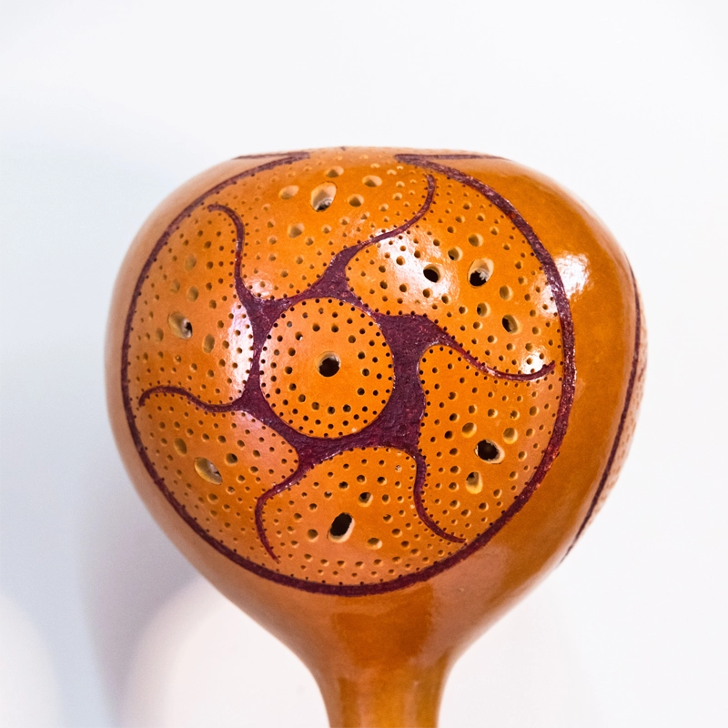 Gourd lamp mounted on a Chivas whiskey square tin. Wood-burnt, carved and finished with wellburn inks. Mains powered. 53cm tall