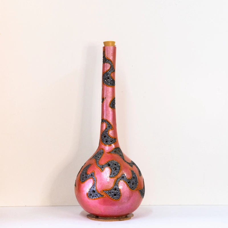 Gourd lamp in pink and black. Wood-burnt, carved and finished in acrylics. Solar Battery powered. 20cm tall.