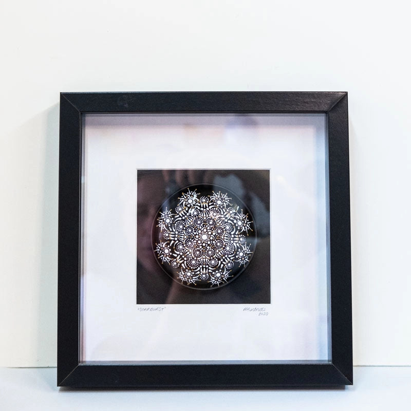 Elegant and beautiful, original, hand-painted in Mandala style.  Handmade stone using plaster and a mould.  Painted using quality acrylic paints in white and gold, covered in resin.  Mounted on a black background with a white mount/matt in a deep, black box frame.