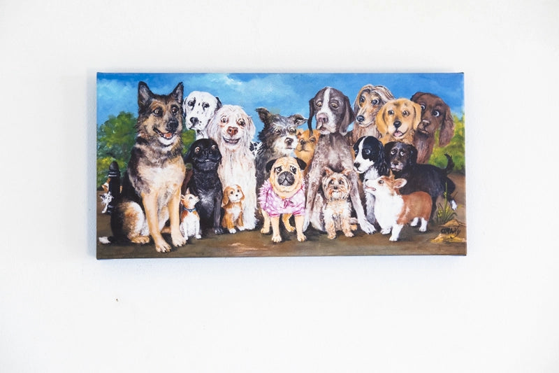 Humorous collection of various types of dogs