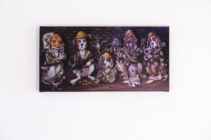 Printed on canvas - 20 x 40. Dogs dressed as hunters carrying assorted guns