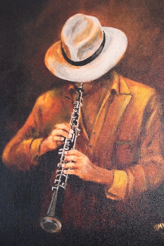 From the series ' Musicians in Hats - where&nbsp;your focus is on posture of musicians whilst playing - facial expressions covered by the panama hat.