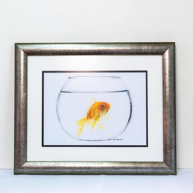 Original, coloured pencil portrait of a goldfish in a bowl, hand-drawn on Polydraw drafting film by Marie Huntrods.  Framed in beautiful bespoke frame with contrasting double mount/matt.  Comes with Certificate of Authenticity.