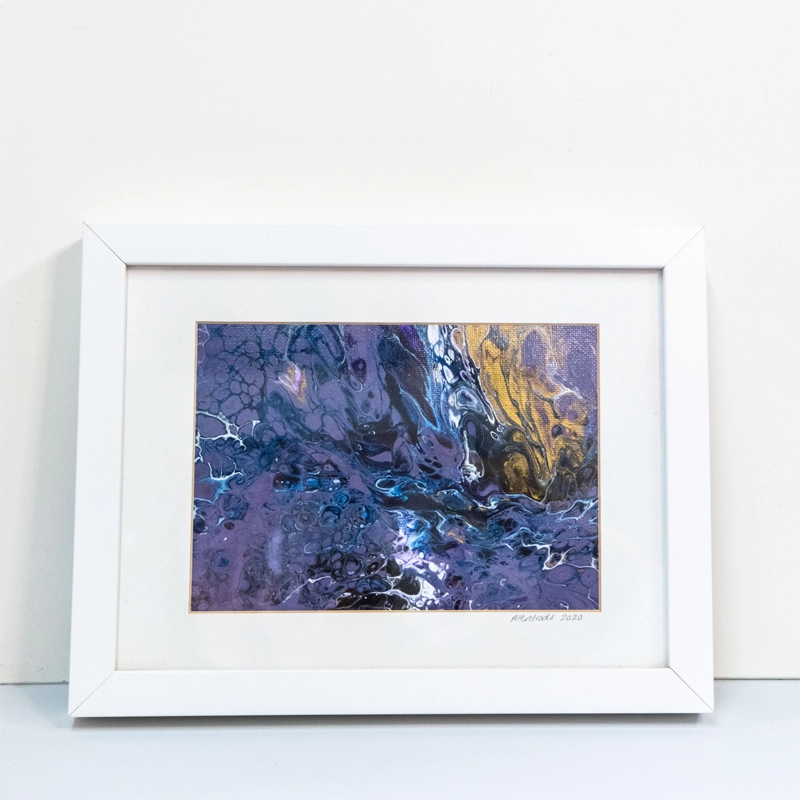 Original, acrylic pour painting in shades of purple, dark blue, black, gold and white.  In white frame with white mount (mat) - can be freestanding, or hung portrait or landscape.