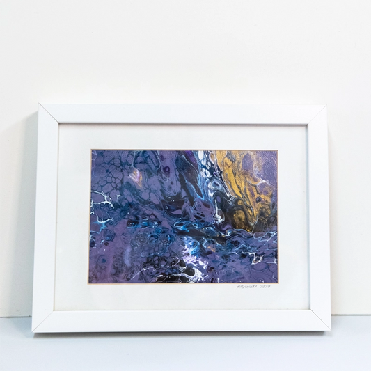 Original, acrylic pour painting in shades of purple, dark blue, black, gold and white.  In white frame with white mount (mat) - can be freestanding, or hung portrait or landscape.