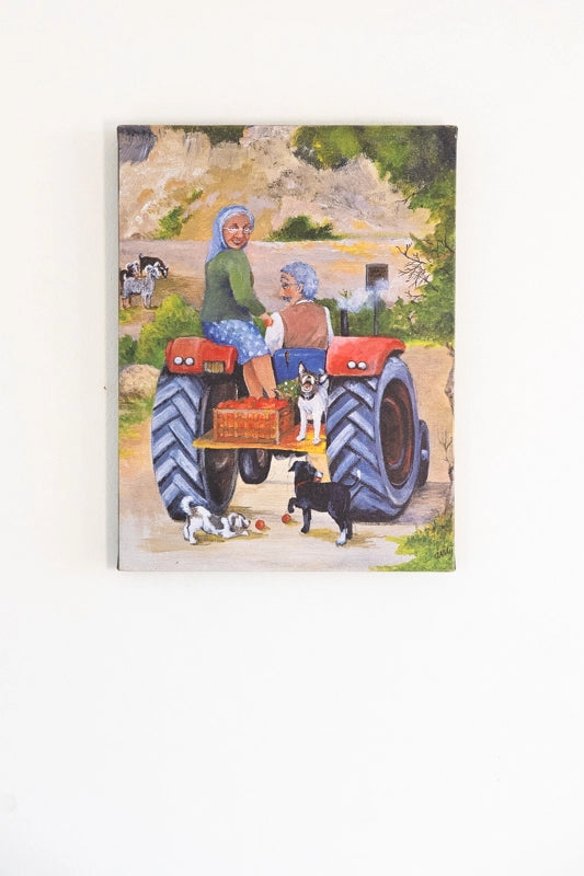 From Cyprus life series, by Angela Winstanley - box canvas print -30 x 40 cm . Featuring tractor with husband , wife and pets