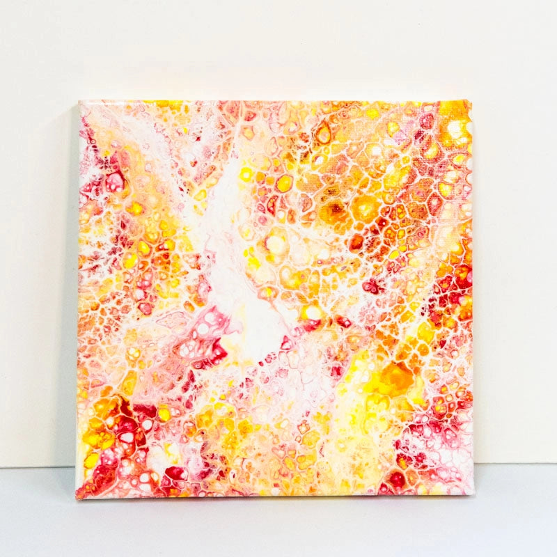 Unique, original, acrylic pour painting on stretched canvas, covered in clear varnish.  Can be hung in any orientation to give a different look each time.  Size 8”x8”