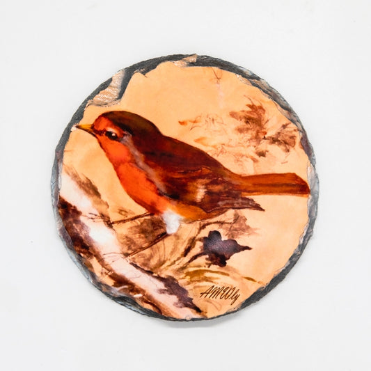 Printed on slate, robin on branch