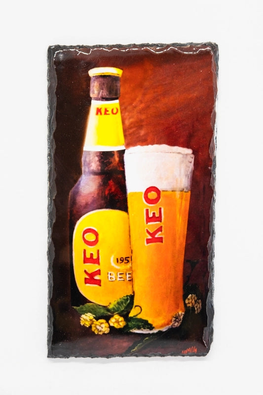 Keo beer bottle and glass printed on slate 
