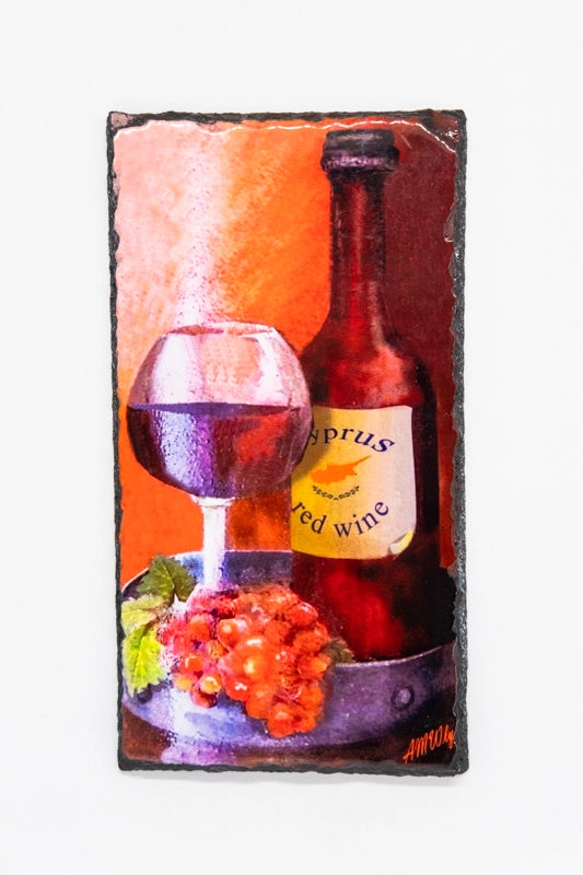 Printed on slate,Cyprus red wine bottle and glass 