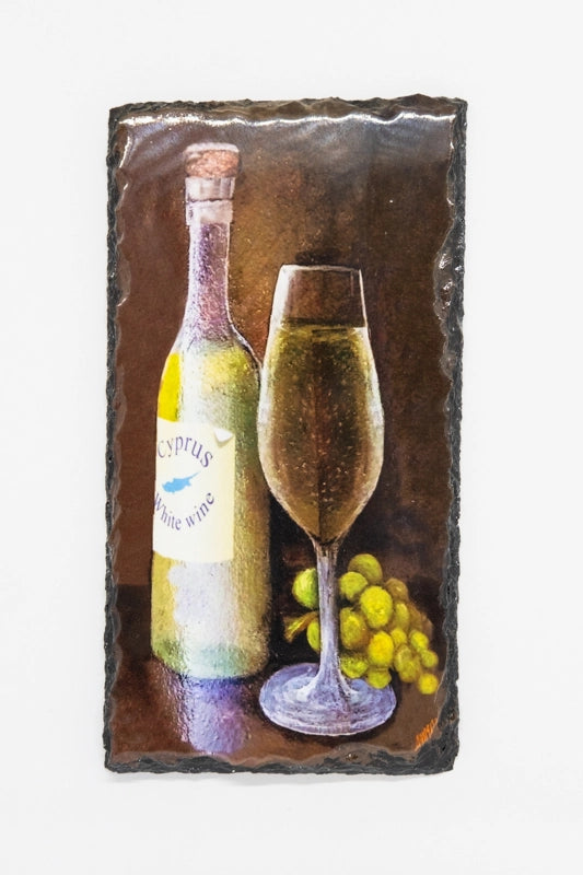 Printed on slate,Cyprus white wine bottle and glass